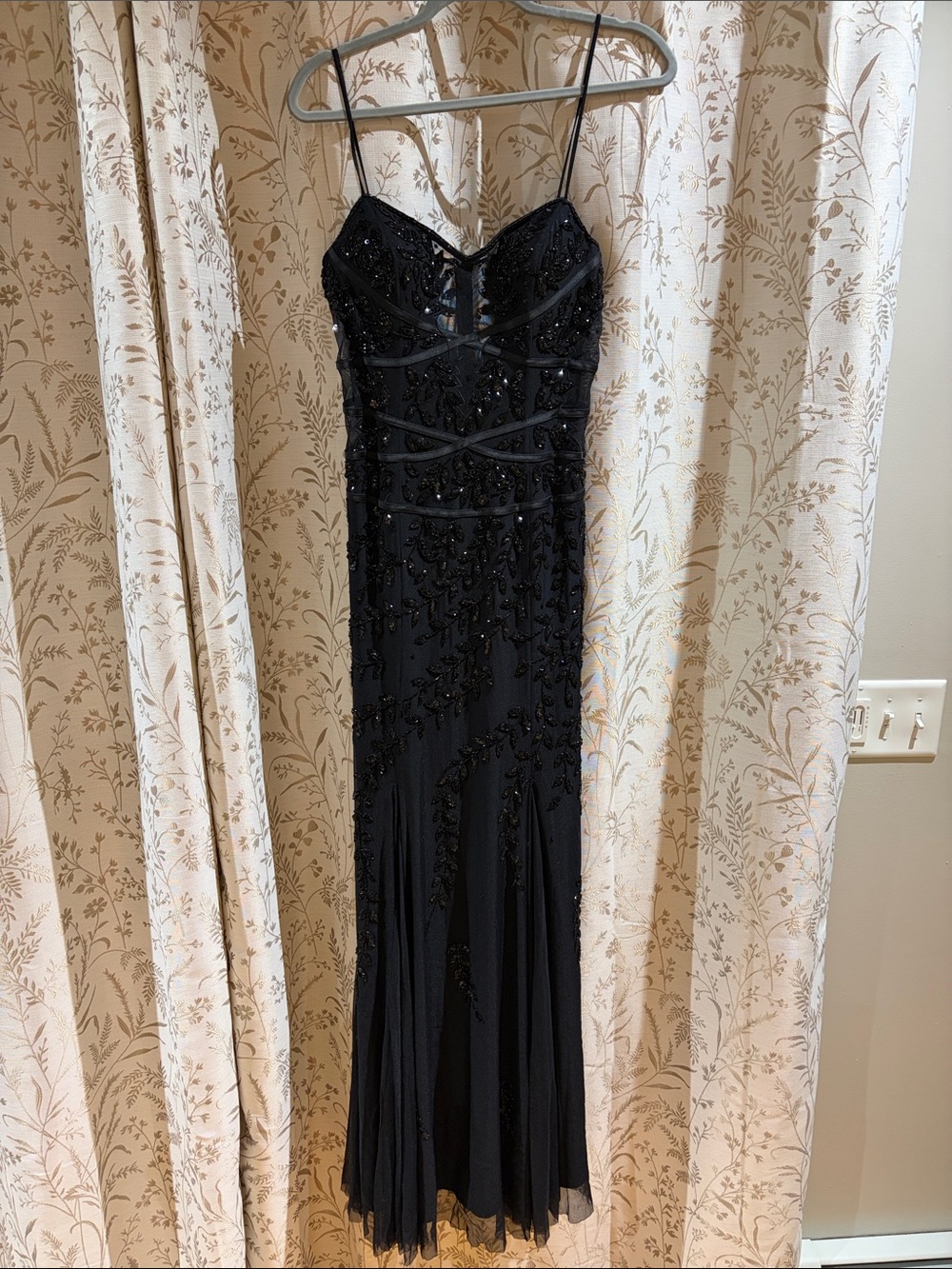 Cache Black Beaded Spaghetti-Strap Prom Dress